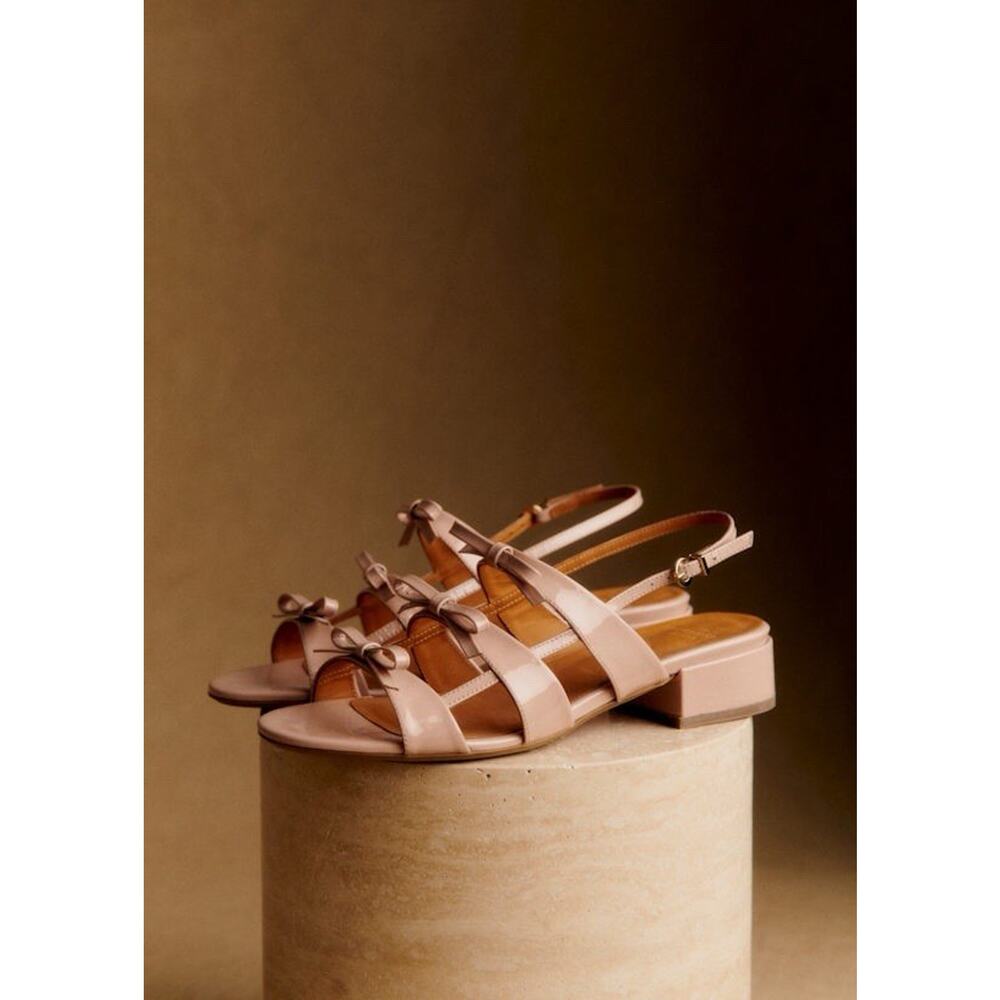 Sezane Nude Sandals Women’s 40 9 Low Evie Light Pink Patent Leather Bow - Picture 2 of 14
